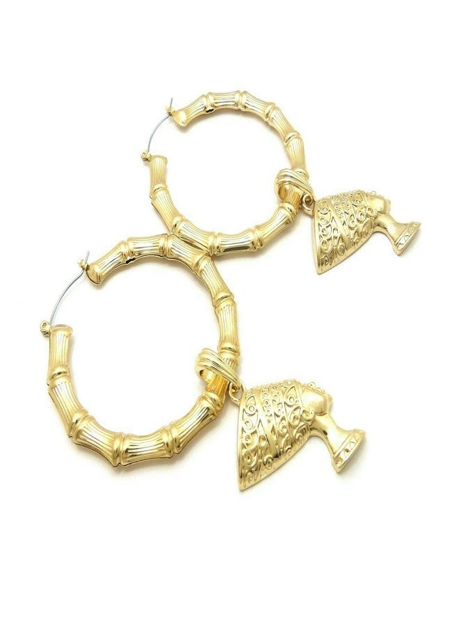 BLINGFACTORY Women's Fashion Gold Plated Nefertiti Dangling Pincatch Hoop Bamboo Earrings - Image 5